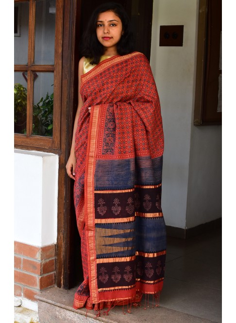  Red, Handwoven Organic Cotton, Textured Weave , Natural dye, Hand block printed, Occasion Wear, Jari, Ajrakh Saree